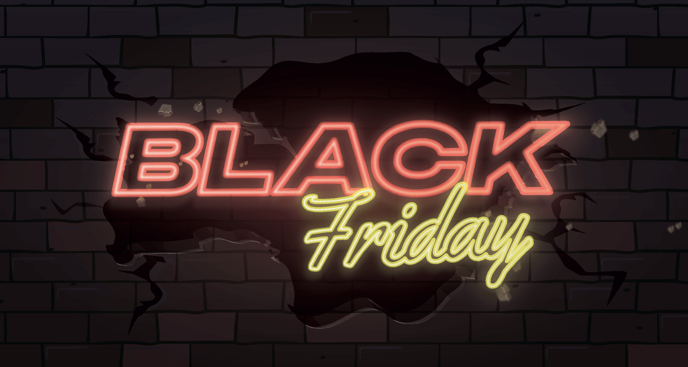 A glowing neon sign reading “Black Friday” on a dark brick wall, with the word “Black” in red and “Friday” in yellow script, representing a major retail sale event.